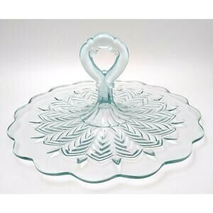 Jeannette Glass 1950's Blue Center Handled Server In The Feather Pattern